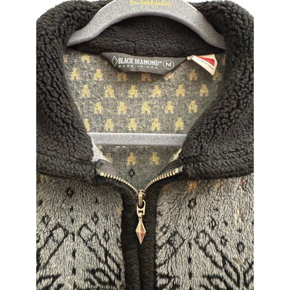 Black Diamond Unisex Medium Fair Isle Fleece Zip Up Black Gray Made In USA - Picture 2 of 5